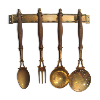 Wood and brass kitchen utensils with vintage wall mount mount 60