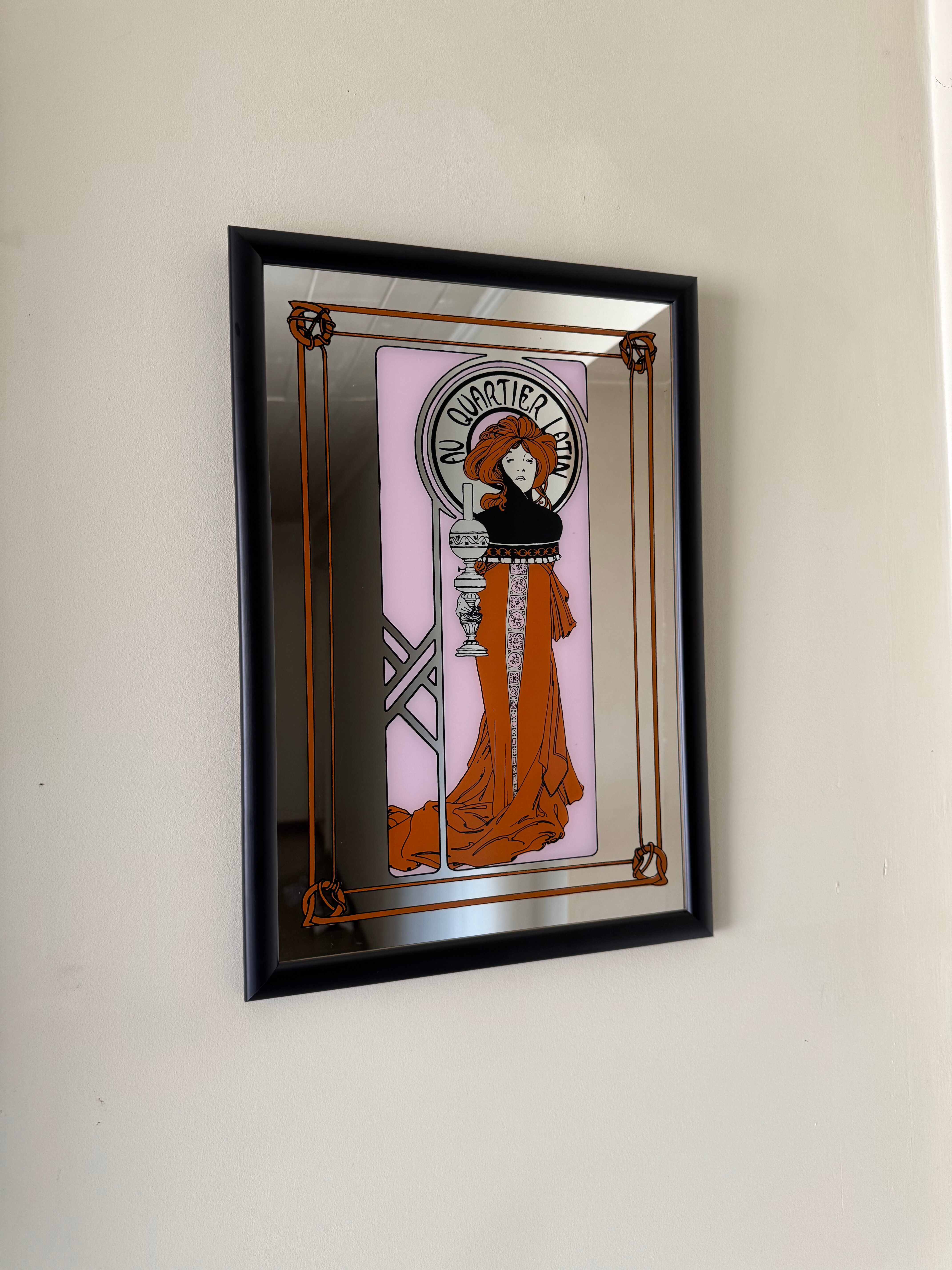 Vintage Alphonse Mucha Art Nouveau Mirror | Framed “Au Quartier Latin”