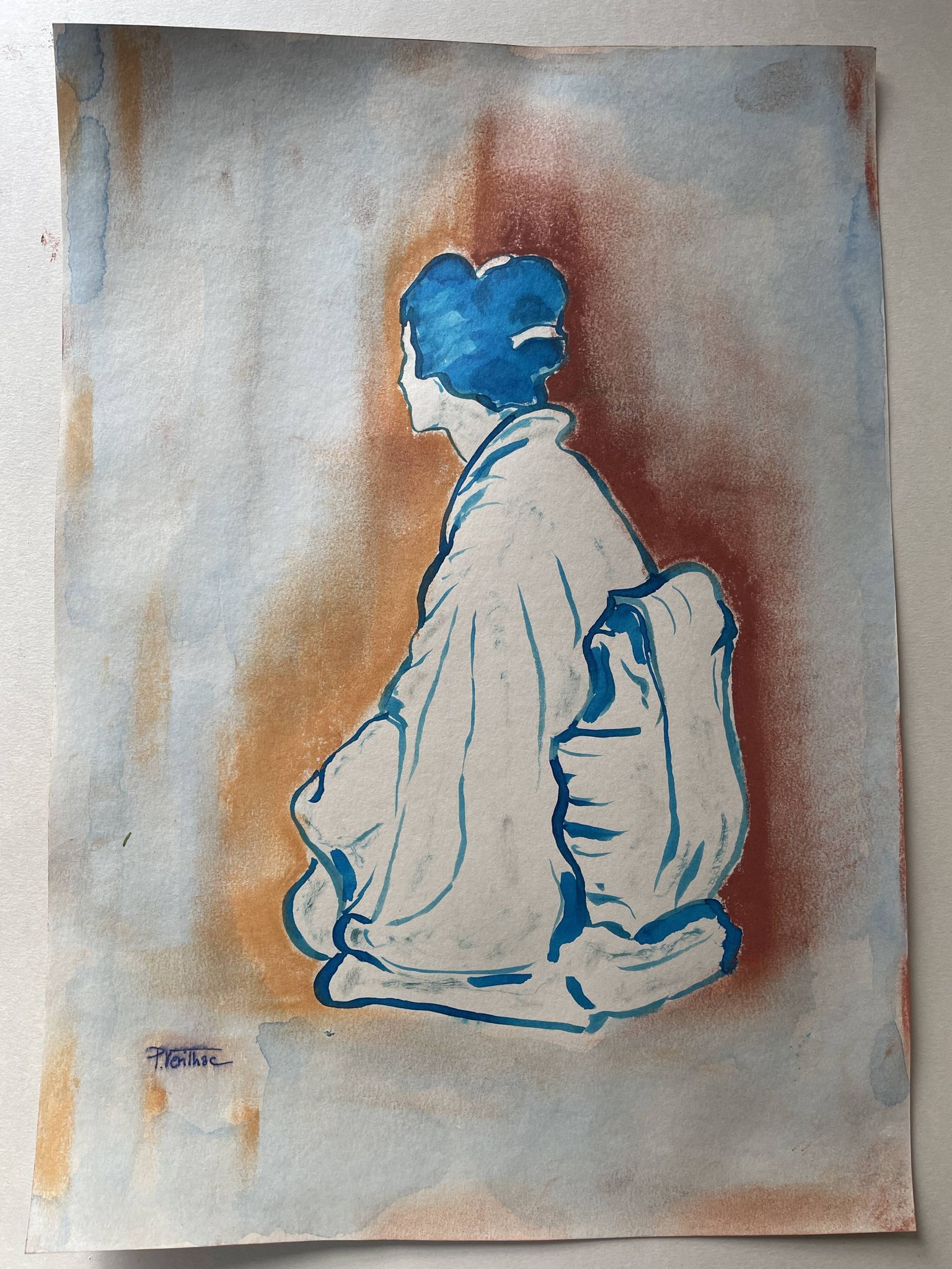 Signed painting pastel and Indian ink female portrait Japan “geisha blue”