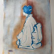 Signed painting pastel and Indian ink female portrait Japan “geisha blue”