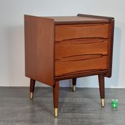 Norwegian bedside table with 3 drawers, teak and brass clogs