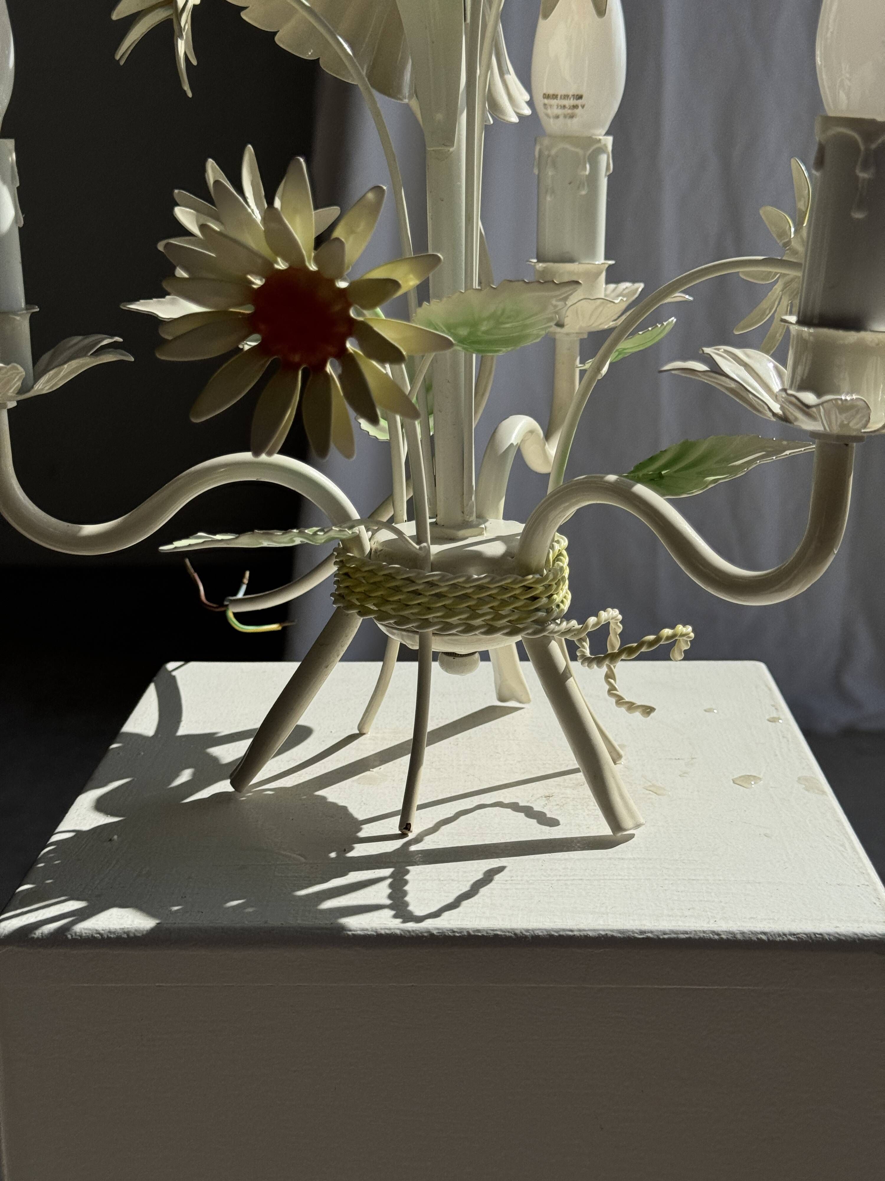 Small vintage cream metal flower chandelier with orange flowers and 3 arms.