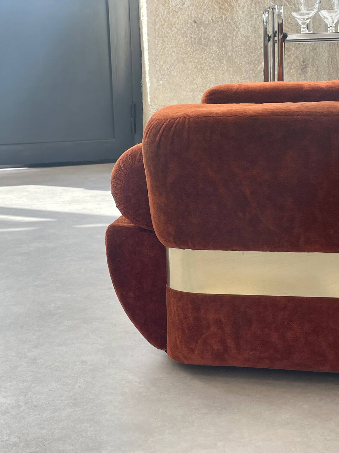 Orange velvet armchair