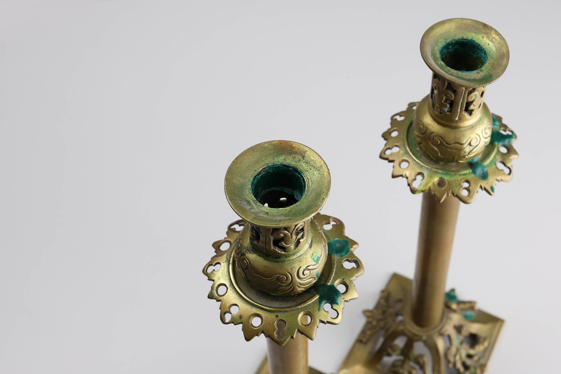 Pair of Antique French copper candlesticks in Baroque style, 1900s