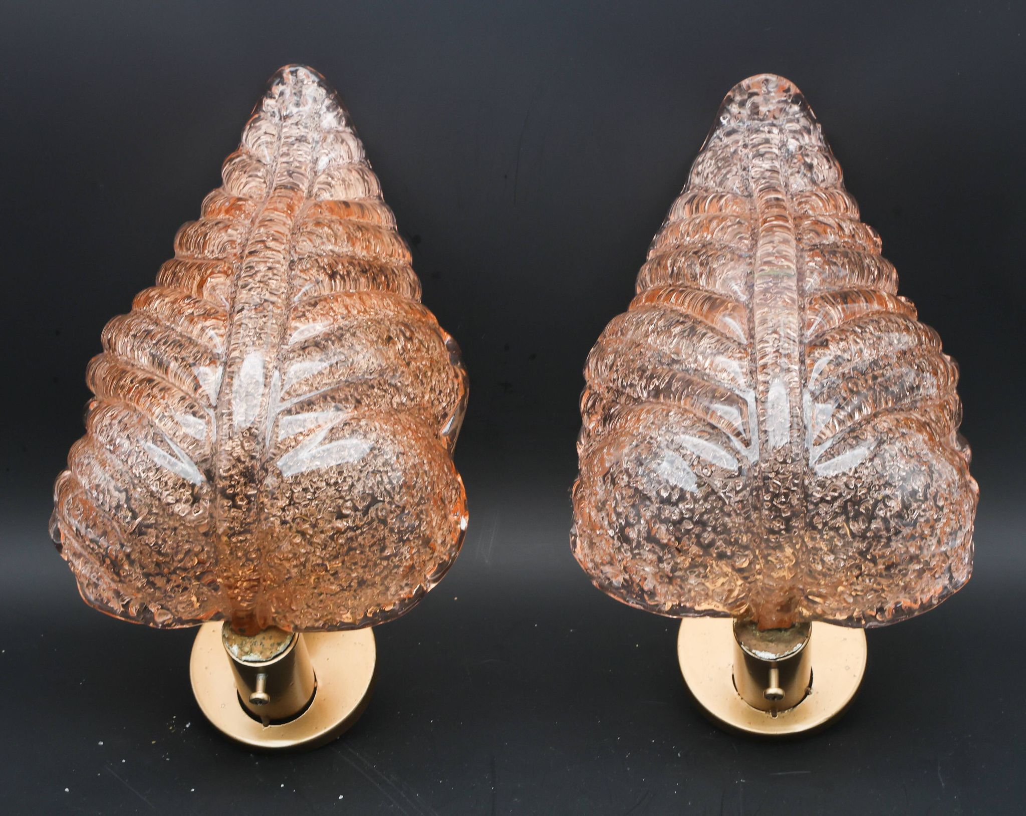 Set of 2 Wall Light Pink colour Murano Glass Leave by Barovier e Toso, 1950