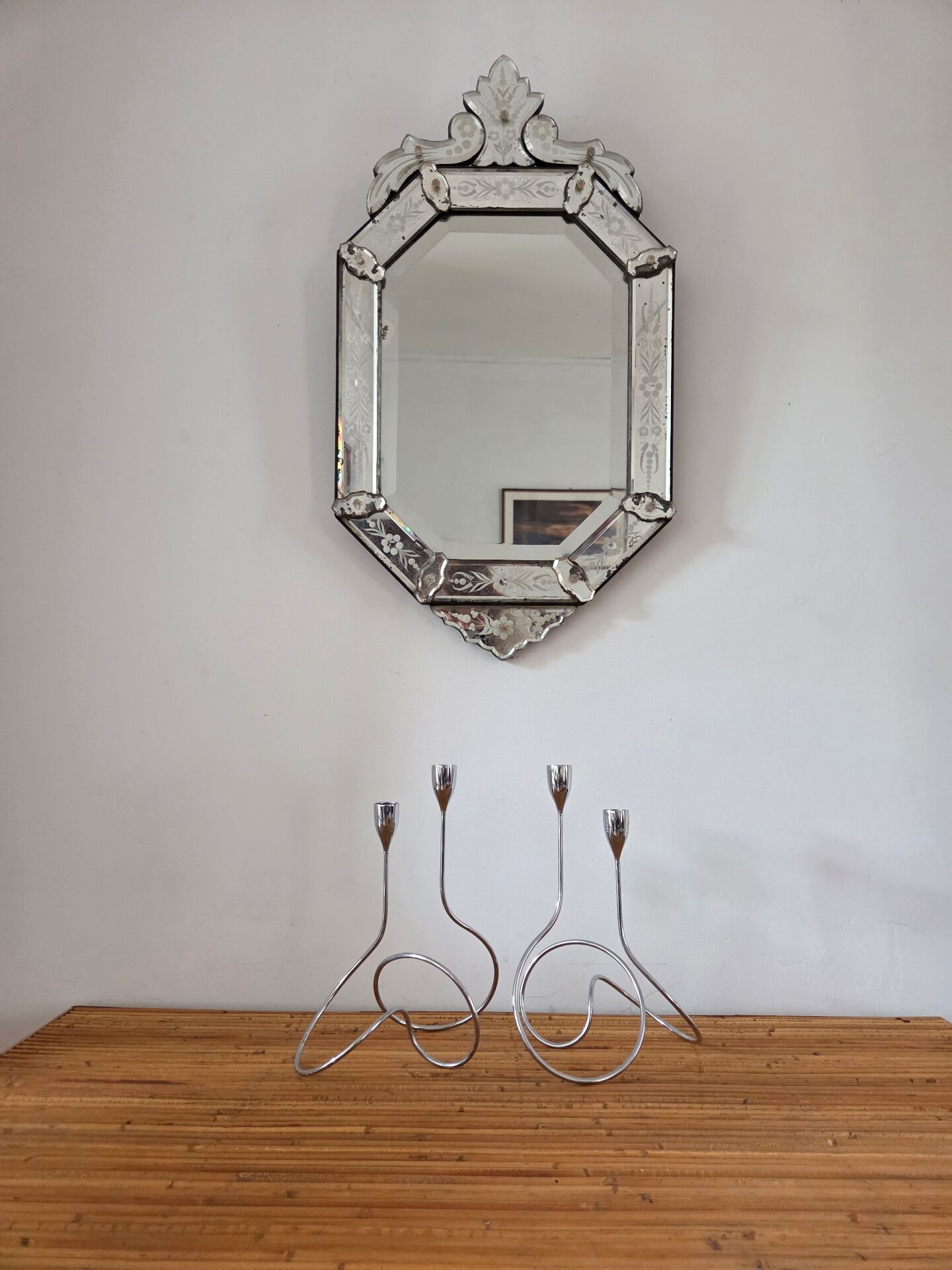 Pair of vintage chrome metal candlesticks
