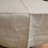 Ancienne nappe lin damassée beige 160 × 180 cm + 12 serviettes