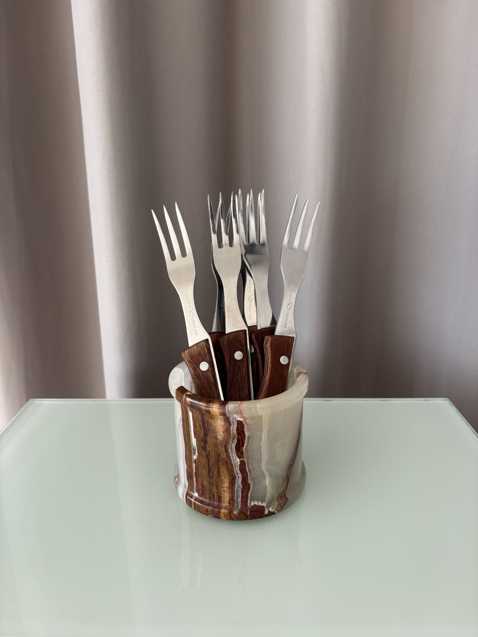 Set of 6 Vintage Sakana Japan Forks | Stainless Steel & Wood Handles