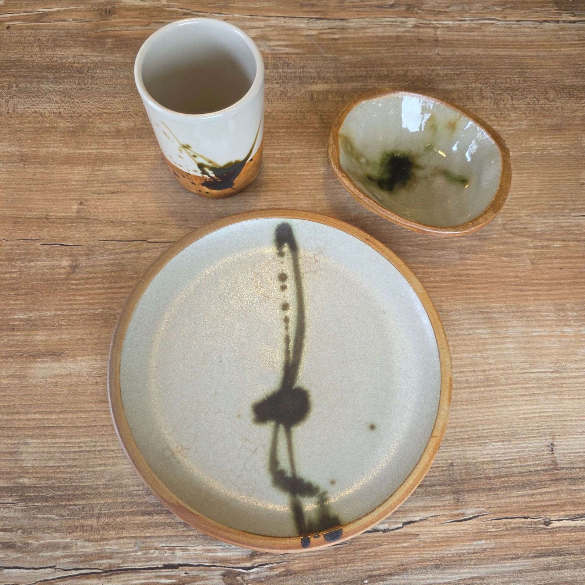 Set of 3 vintage Gres pieces from La Colombe pottery, signed.