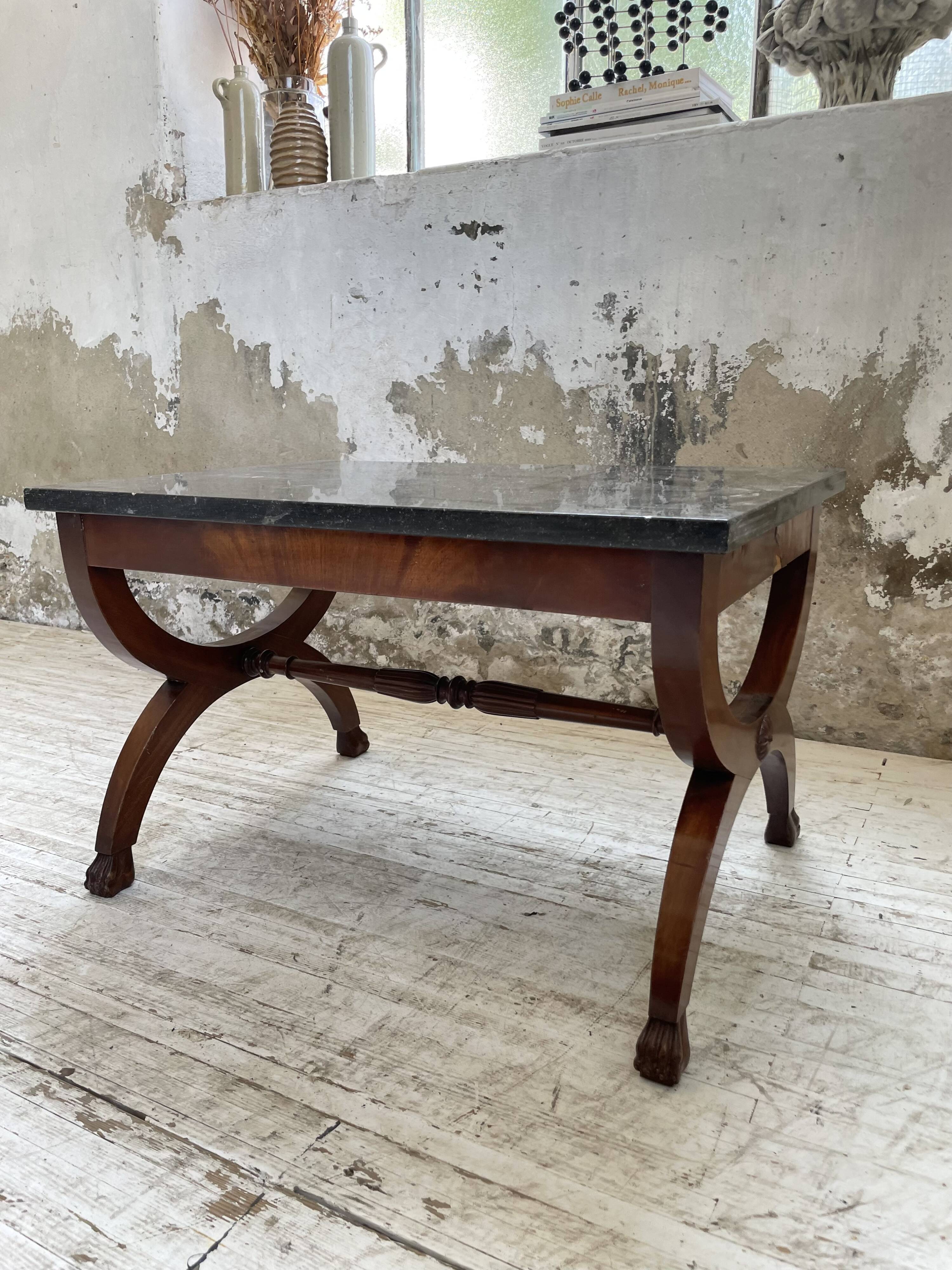 Empire style marble and mahogany coffee table