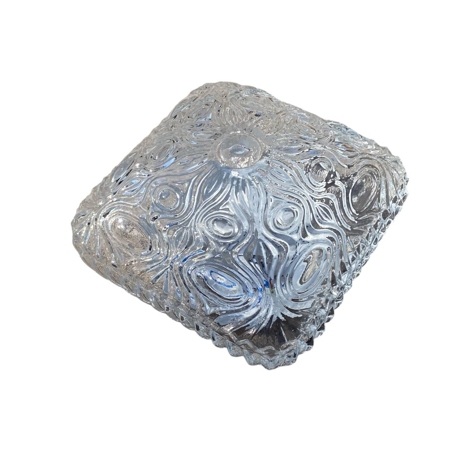 Small square wall light ceiling fixture in vintage moulded glass from the 1970s 1980s.