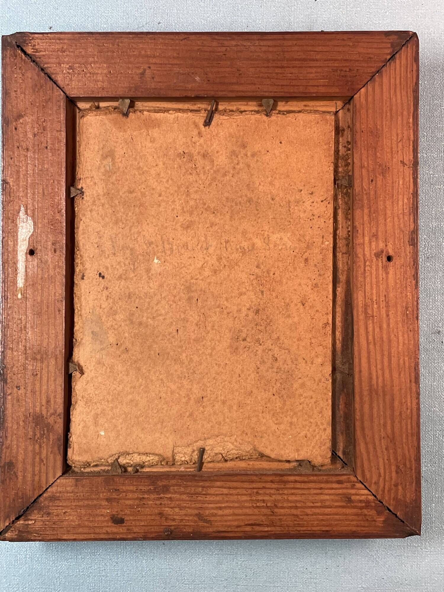 Small landscape painting on hardboard in molded natural wood frame, Monick Renou