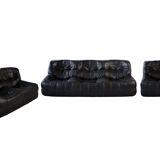 Ensemble de Salon Kashima Vintage en Cuir Noir par Michel Ducaroy pour Ligne Roset, 1976, Set de 3