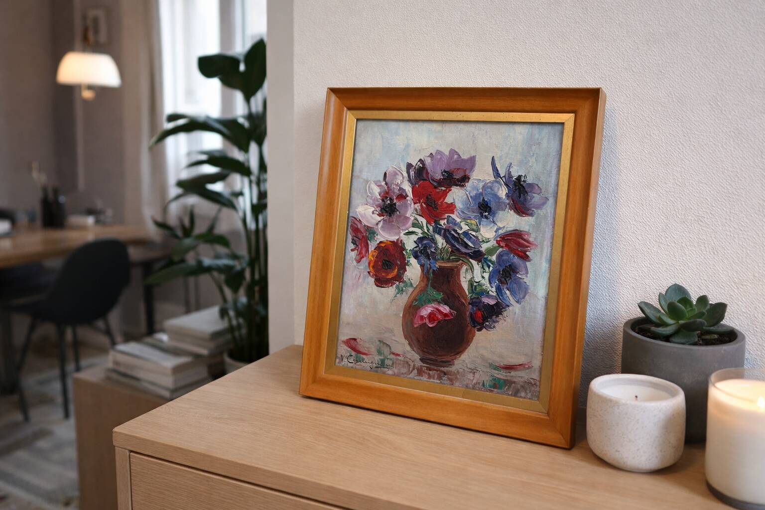 Vintage painting – Oil on canvas flower bouquet – signed – 1950s