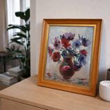 Vintage painting – Oil on canvas flower bouquet – signed – 1950s
