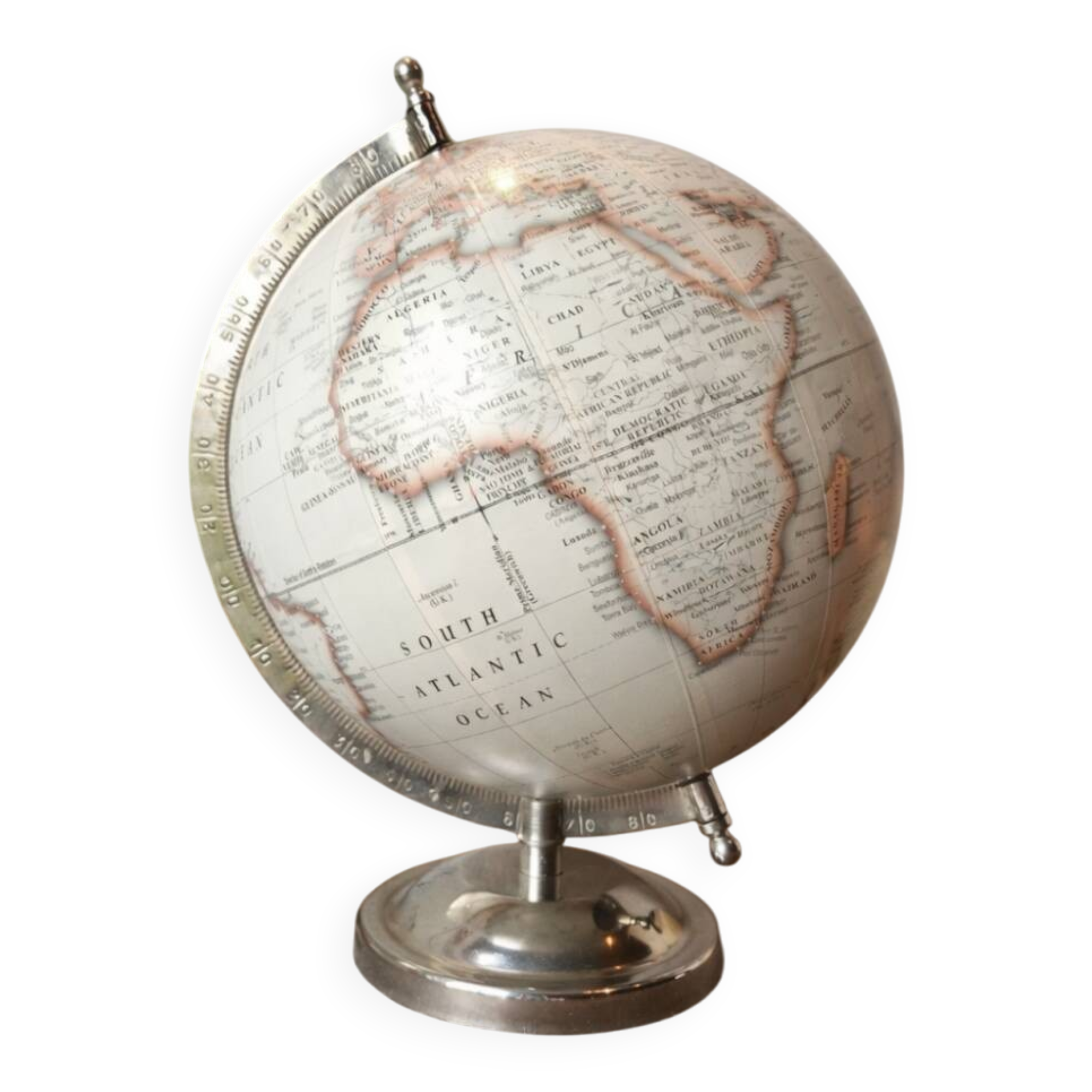 Decorative terrestrial globe on silver metal stand – explorer style