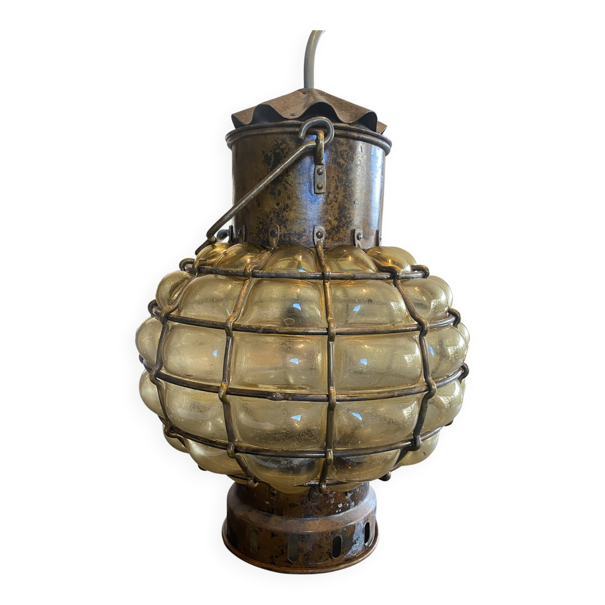 Antique Ankerlift lamp in amber glass and patinated brass
