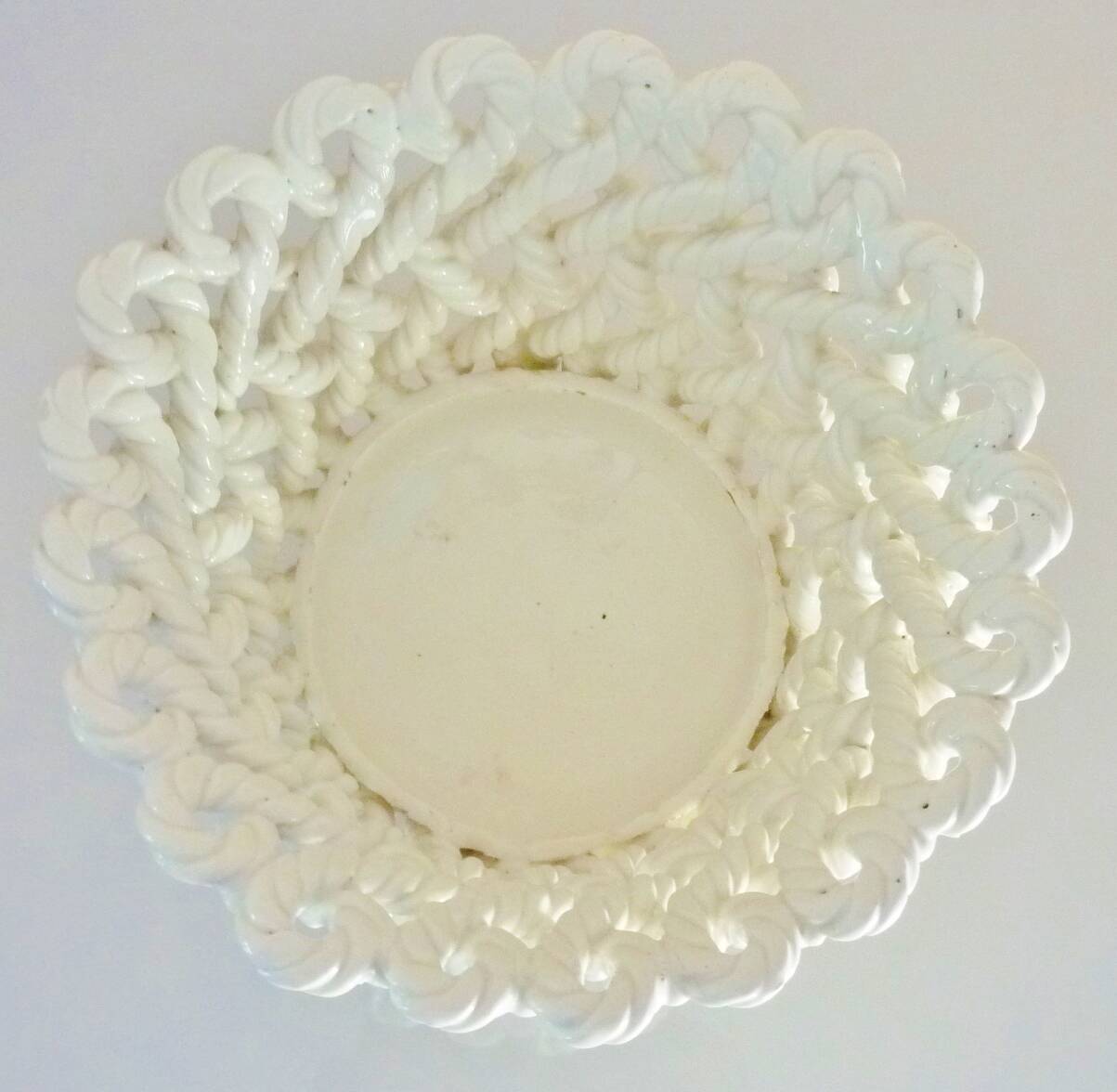 White enameled ceramic pot cover, braided, openwork, vintage