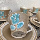Stoneware coffee service from Pornic with turquoise flower print, 1970s-80s