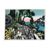 Lithograph signed by Henri Cueco, Dogs in an Italian garden overlooking the sea, circa 1970