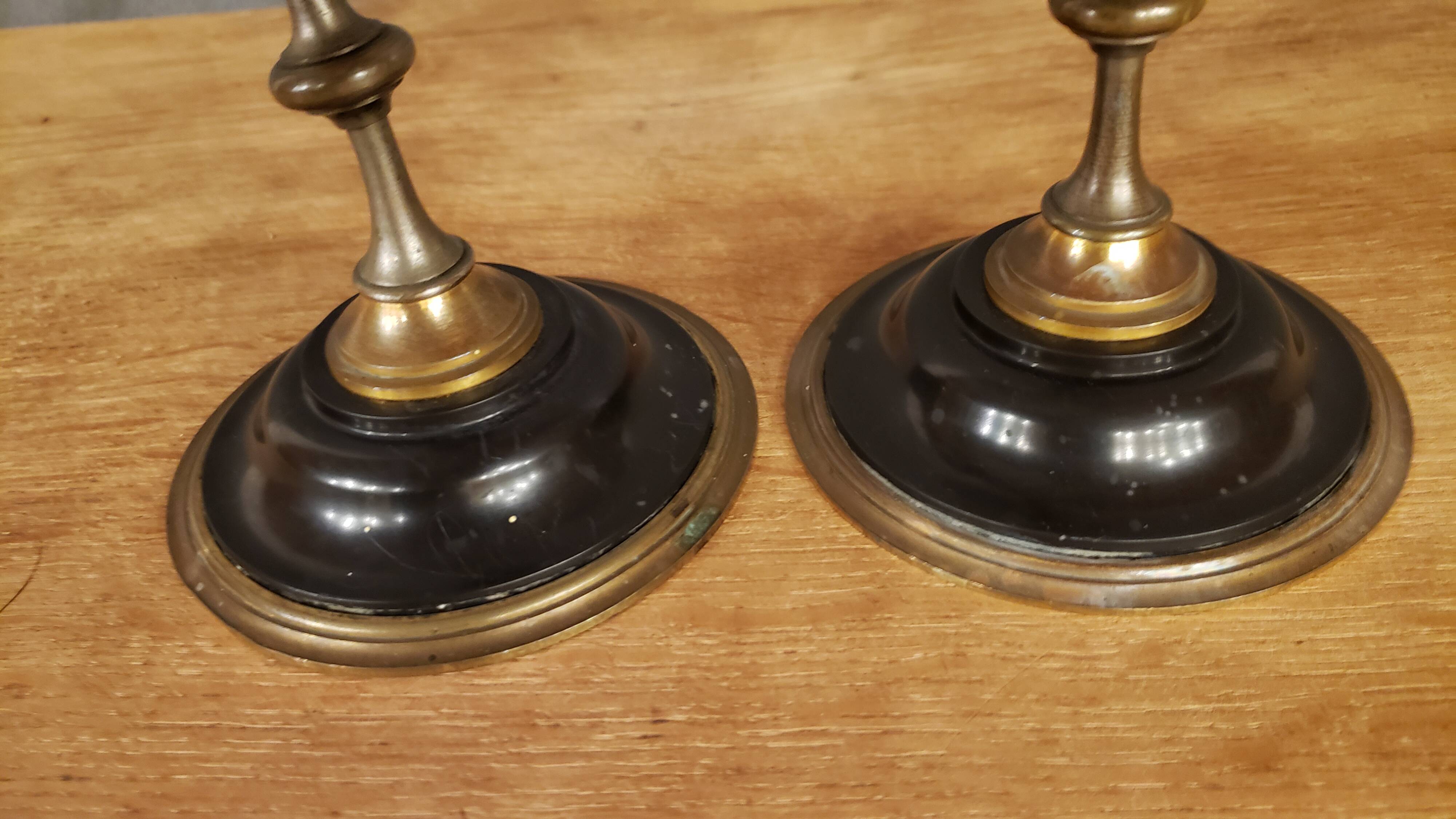 Pair of brass + marble or stone candlesticks