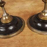 Pair of brass + marble or stone candlesticks