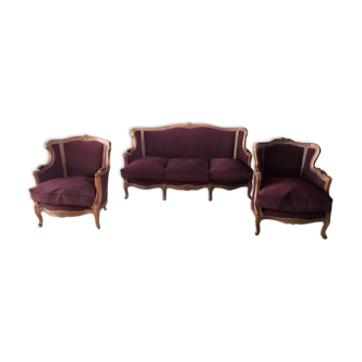 Set of 2 armchairs and 1 bench Louis XV-style