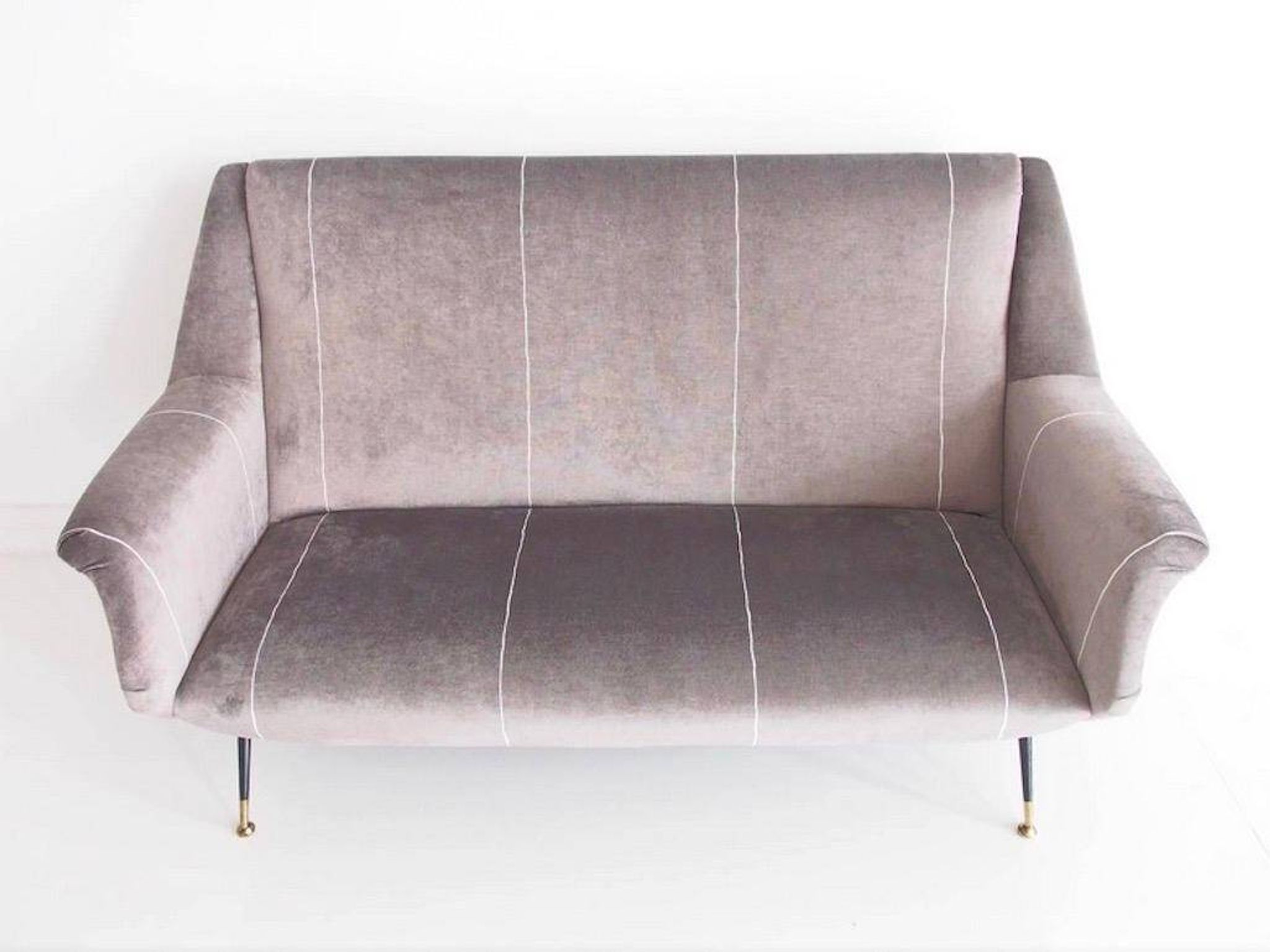 Italian velvet sofa in grey with black lacquered brass legs.