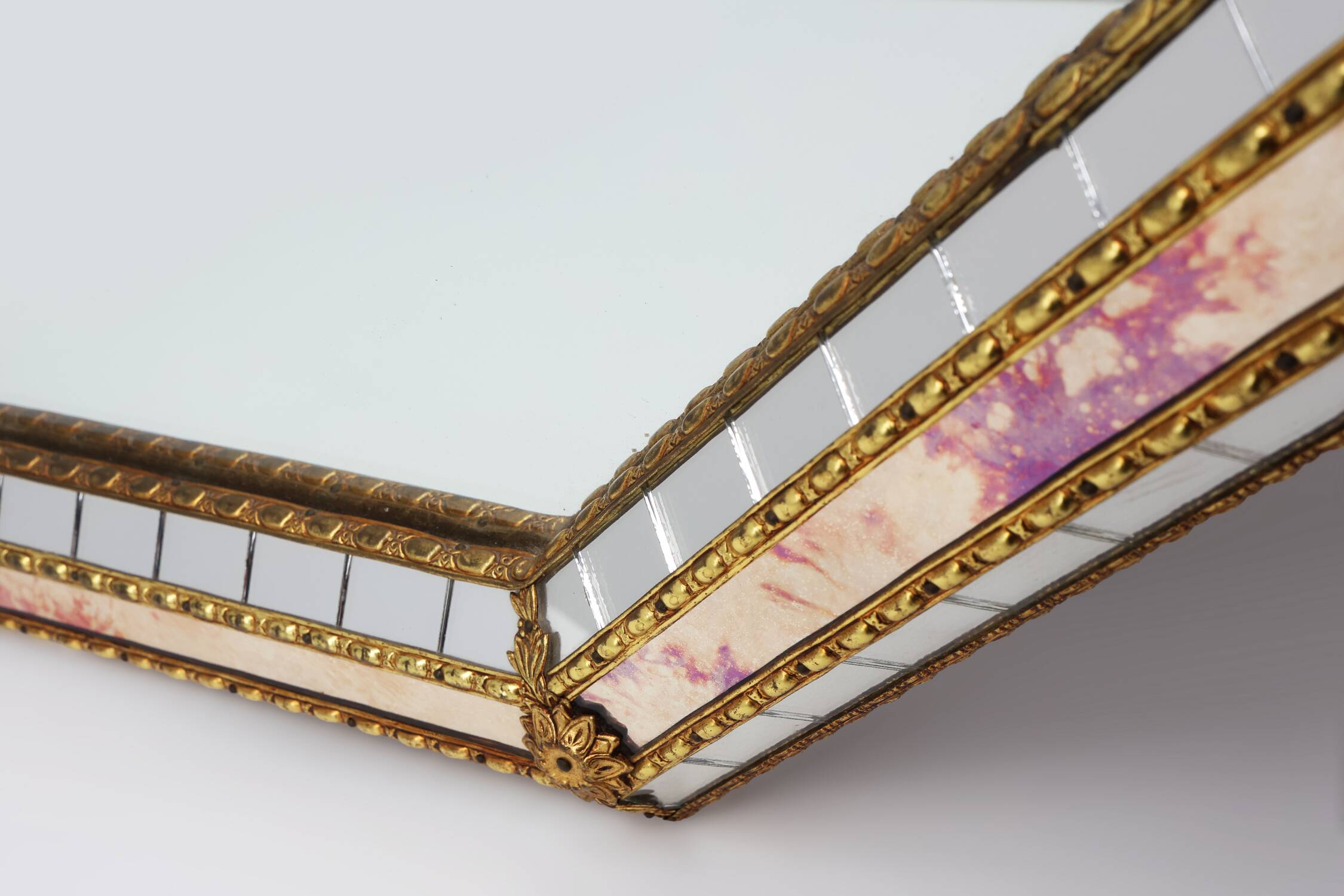 Venetian style octagonal mirror marked MGB, Planilux, Cristanola, Spain