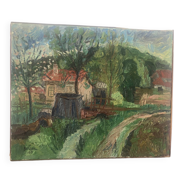 Paysage de maison à la campagne signé de 1963