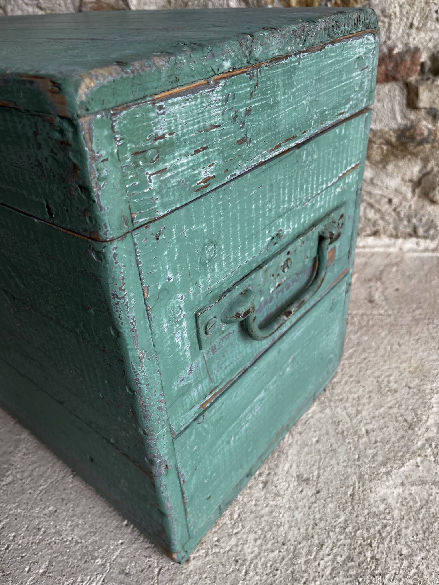 Patinated green wooden chest