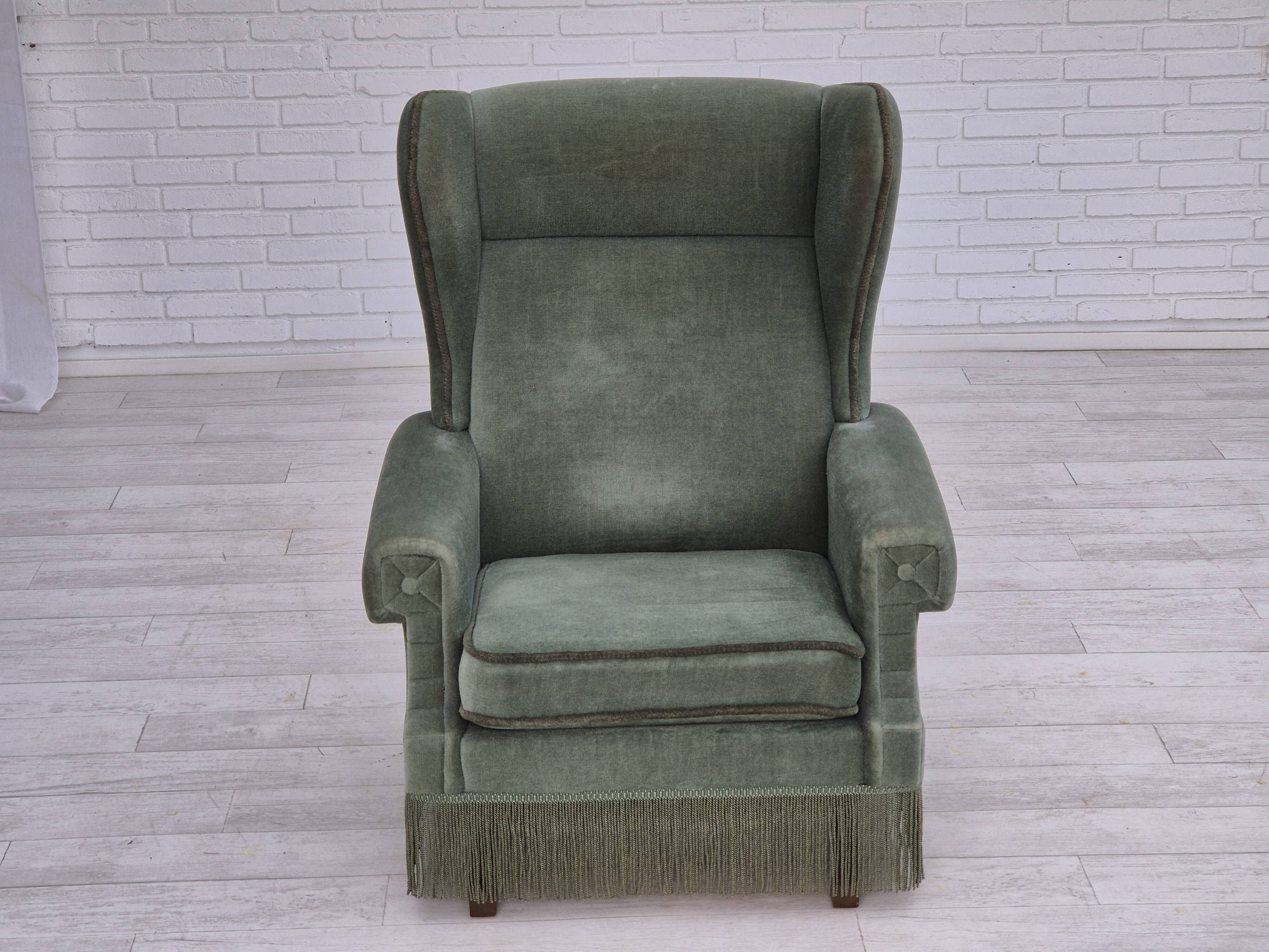 1970s, Danish wingback armchair, original condition, furniture velour, beech wood.