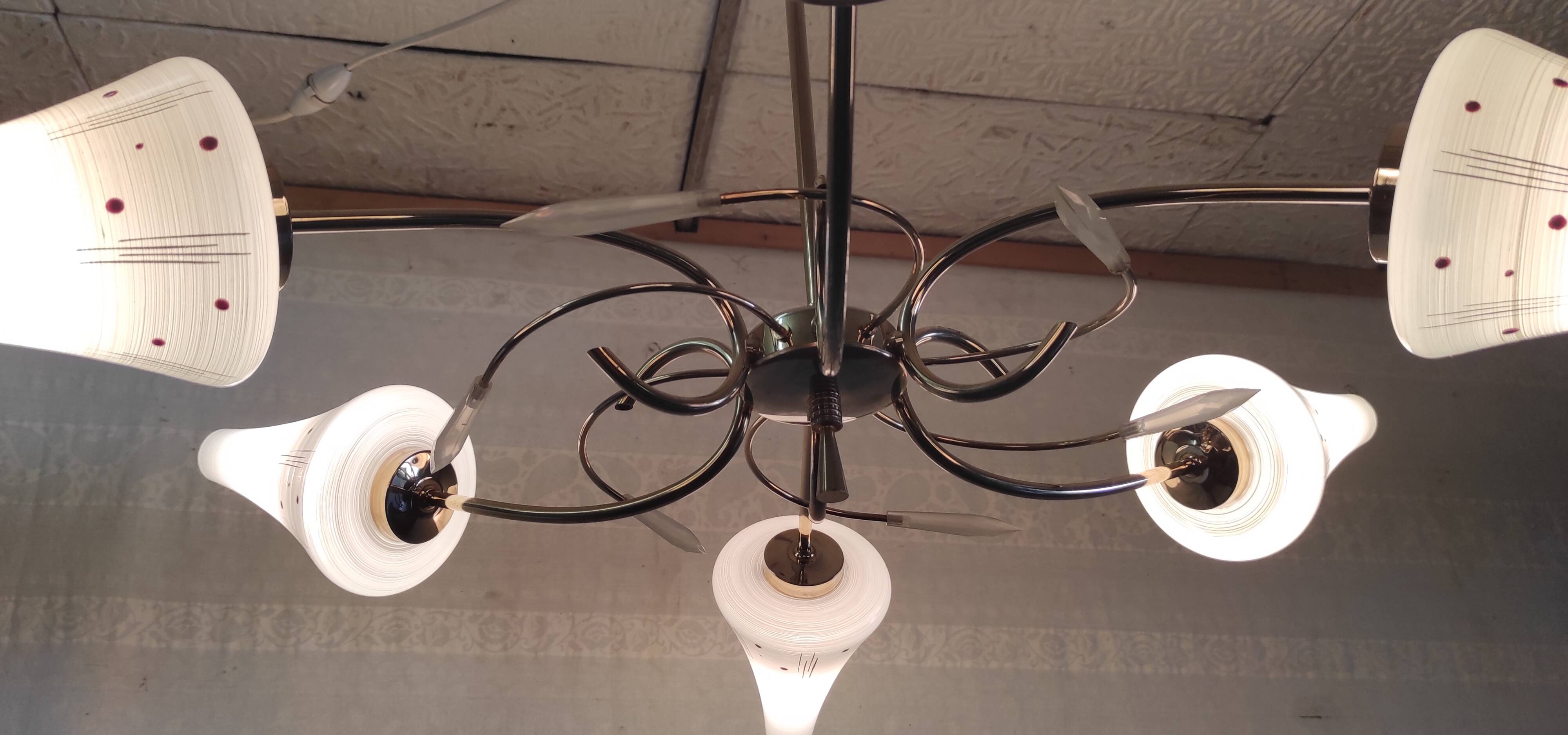 Lustre 6 feux moderniste en laiton doré - années 50/60