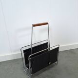 Design Voss jaren 70 leren tijdschriftenrek met chroom