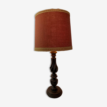 Lampe pied bois tourné abat-jour vers 1960 vintage