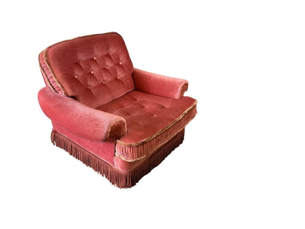 Set of 2 vintage old rose armchairs with fringes.