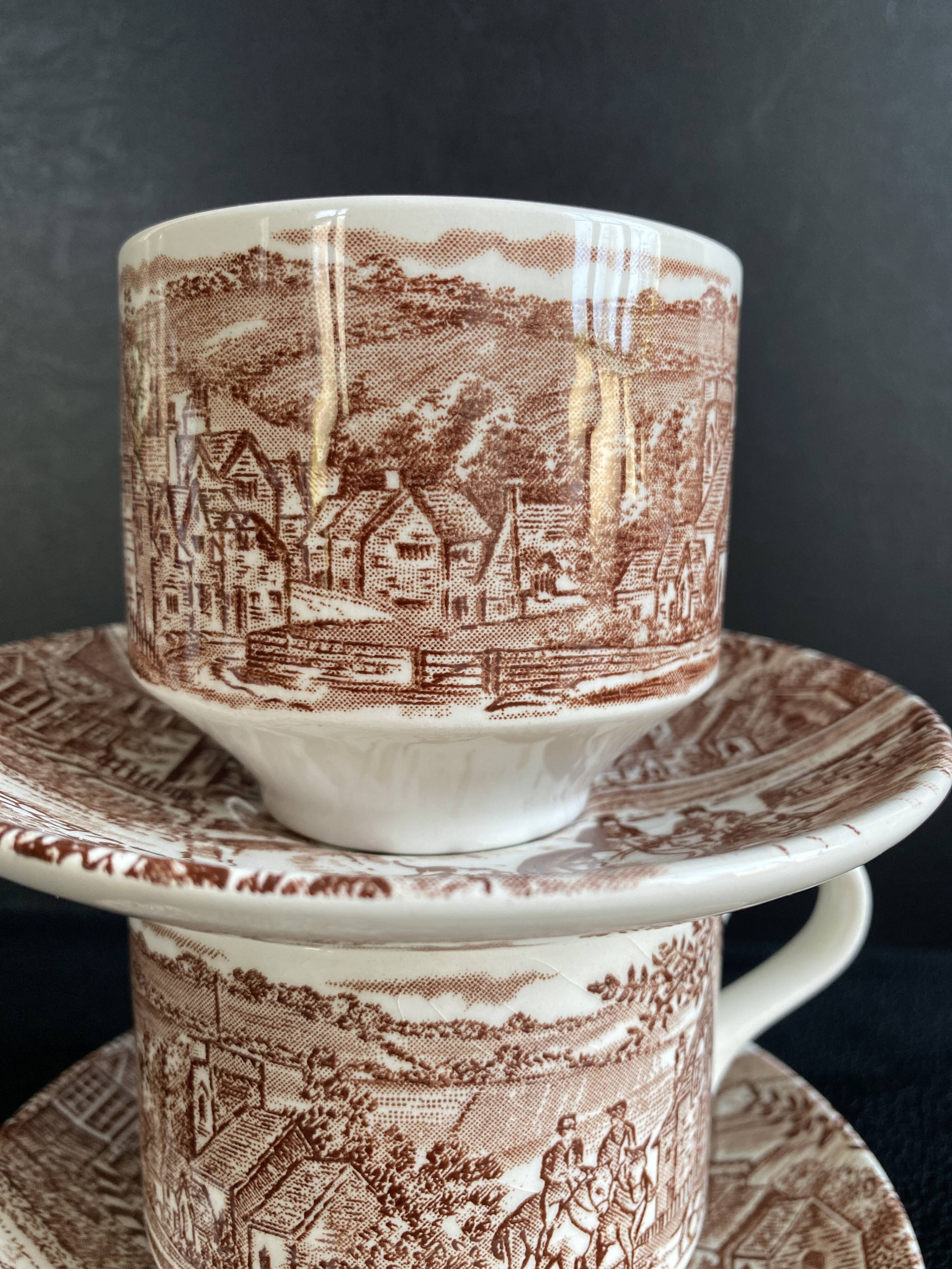 Duo of English Cups & Saucers Broadhurst Ironstone - Hunting Scene