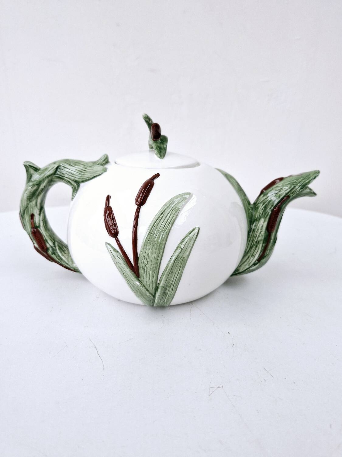 Vintage ceramic tea set barbotine duck reeds hand painted