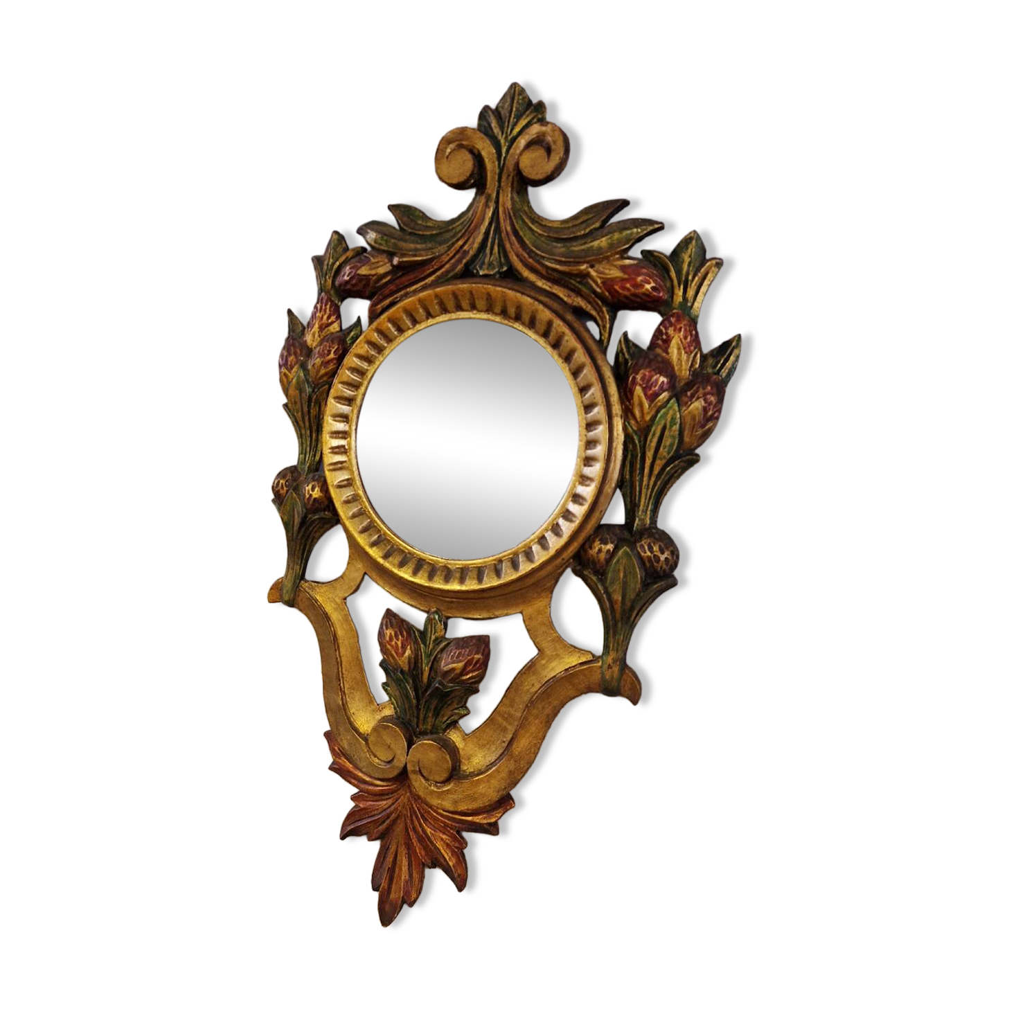 Antique Italian Polychrome Carved Wooden Mirror