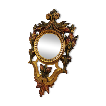 Ancien Miroir Italien Polychrome En Bois Sculpté