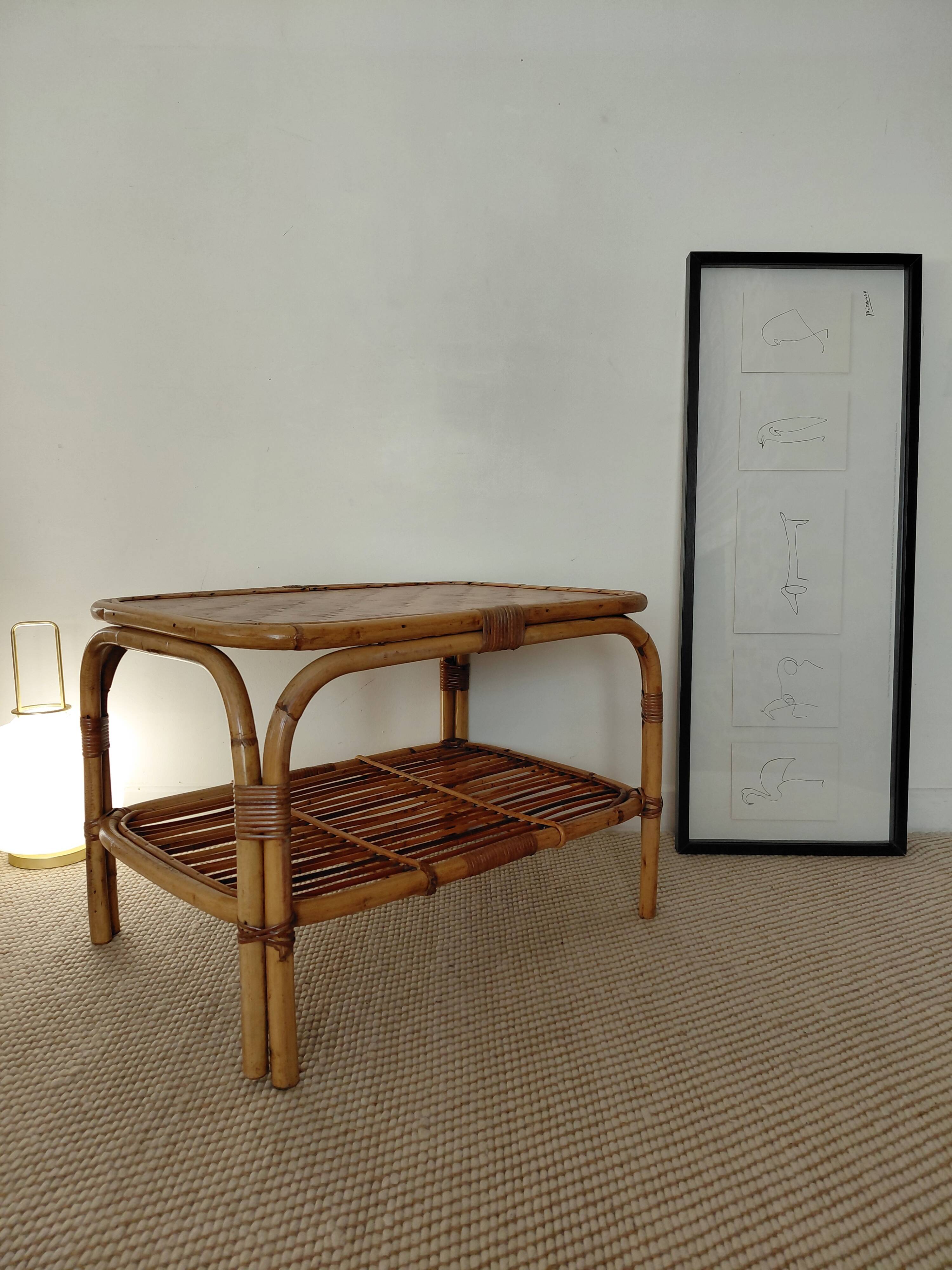 Vintage coffee table / side table in rattan and bamboo – 1960s