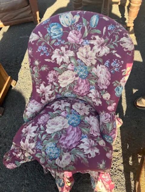 Antique floral upholstered armchair – traditional upholstery renovation.