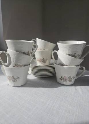 Vintage Pontesa coffee service - 8 cups and saucers - Floral pattern - Perfect condition