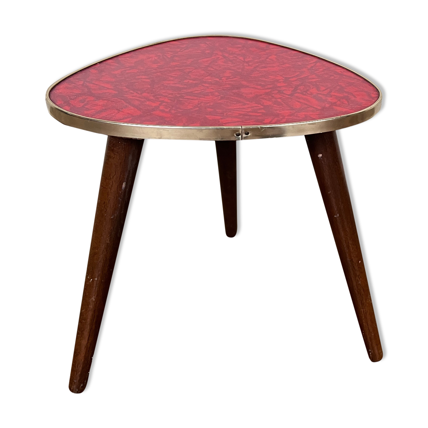 Triangular pedestal table small red table asymmetrical shape vintage tripod plant door