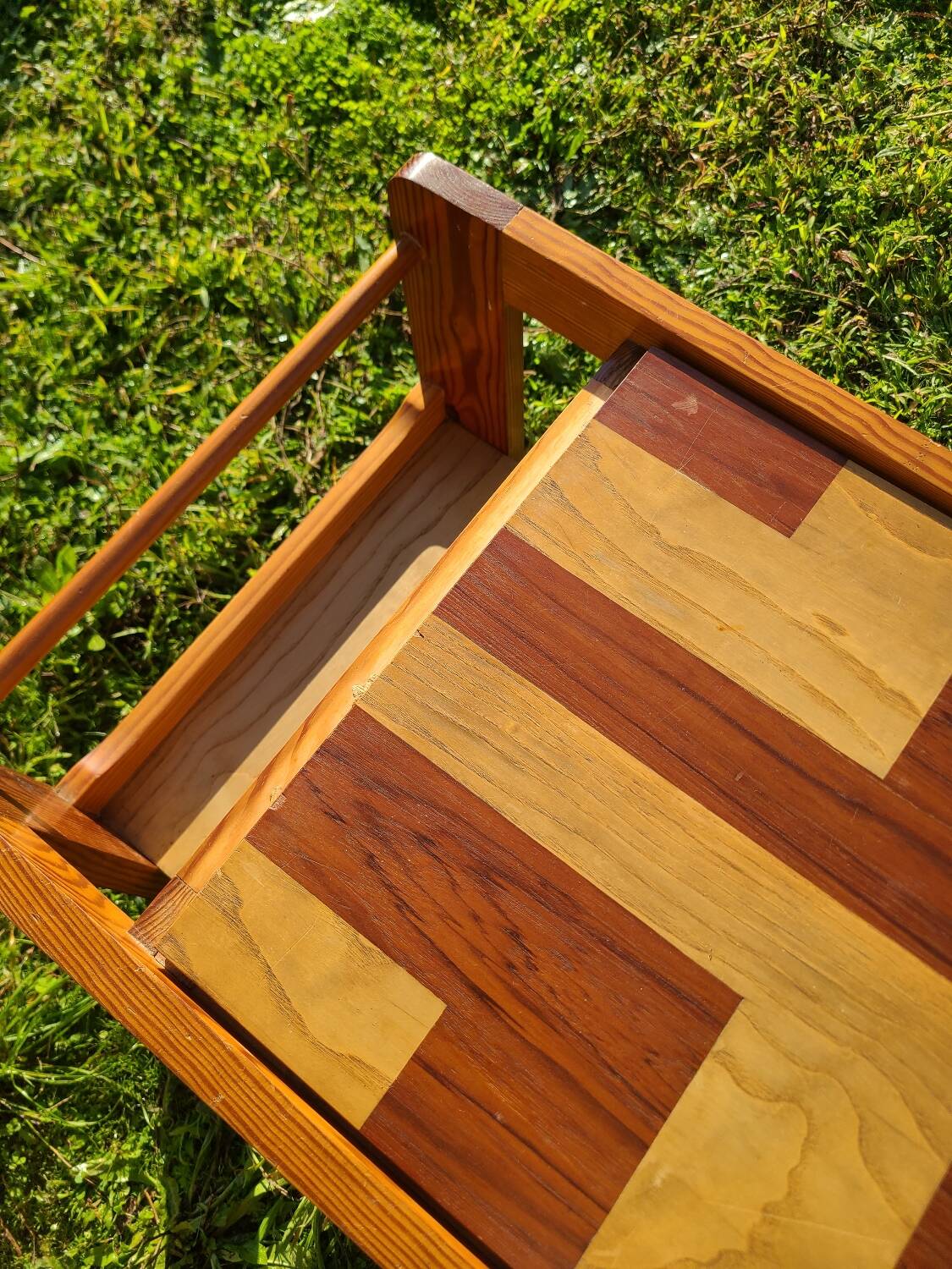 Pine coffee table, 1970s marquetry top, vinyl record rack.
