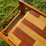 Pine coffee table, 1970s marquetry top, vinyl record rack.