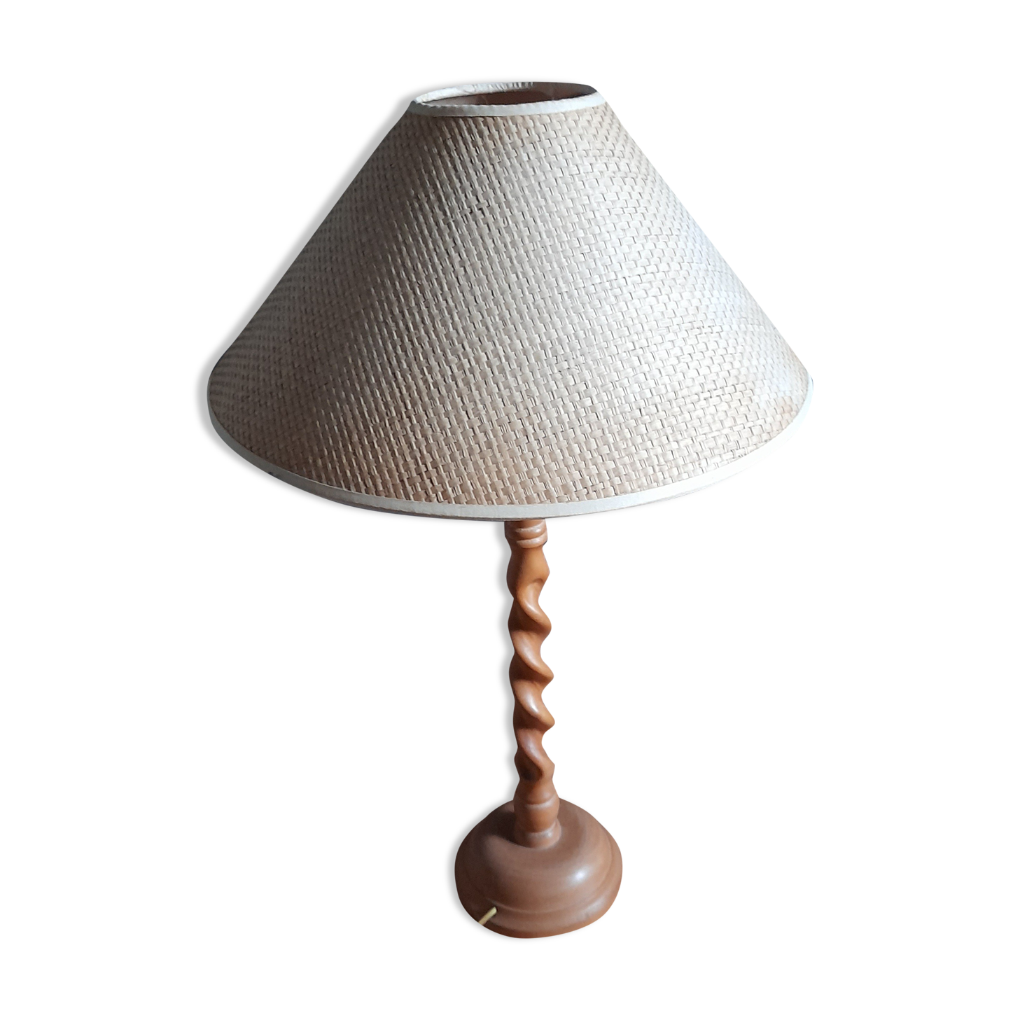 Table lamp in braided blond wood, braided rattan lampshade, 70 years