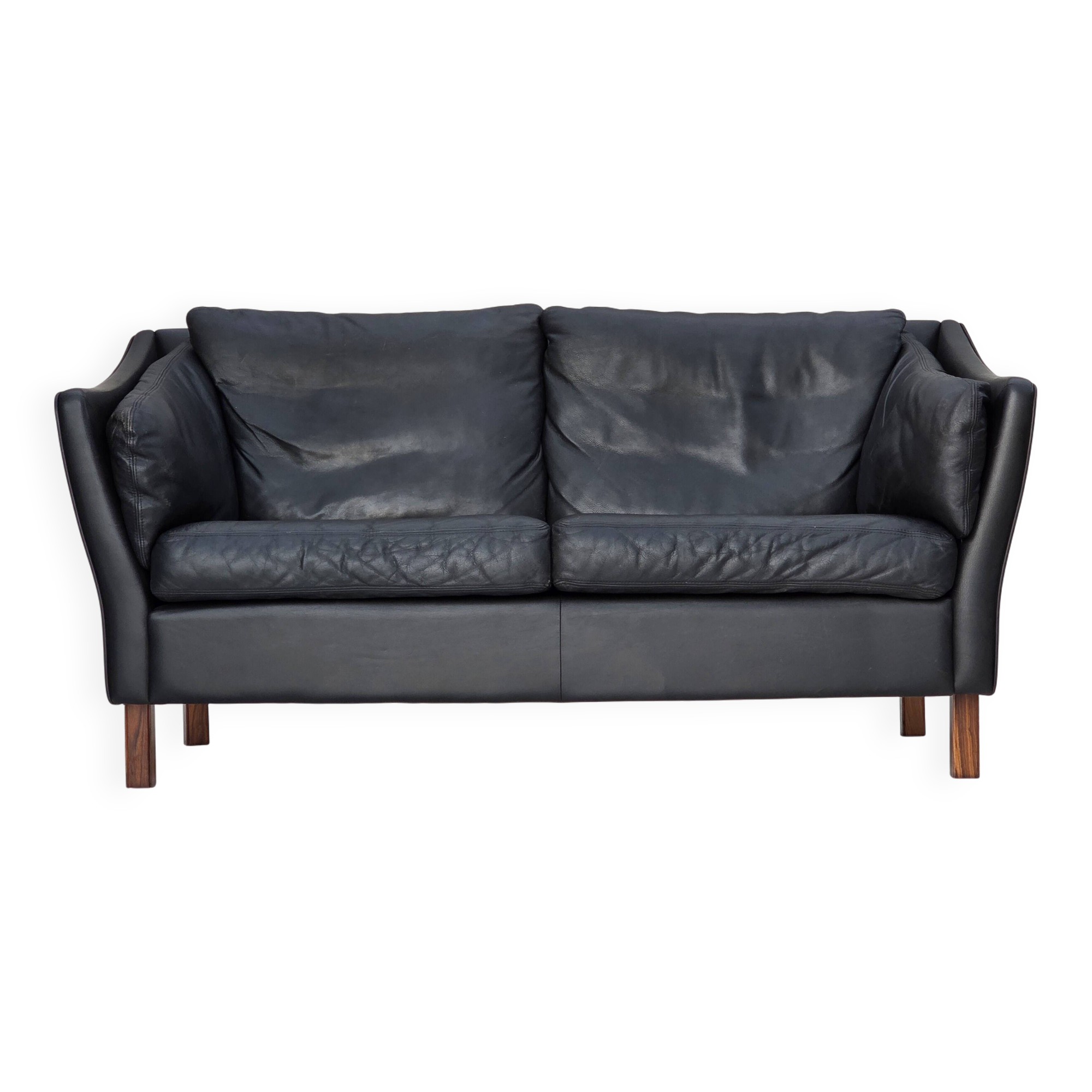 Canapé danois 2 places des années 1970, cuir d'ameublement noir d'origine, bois de teck.