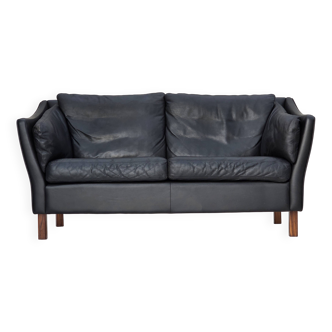 1970s, Danish 2-seater sofa, original black furniture leather, teak wood.