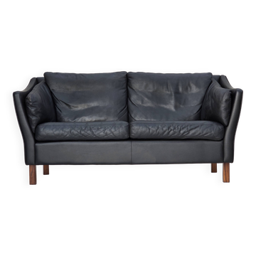 1970s, Danish 2-seater sofa, original black furniture leather, teak wood.